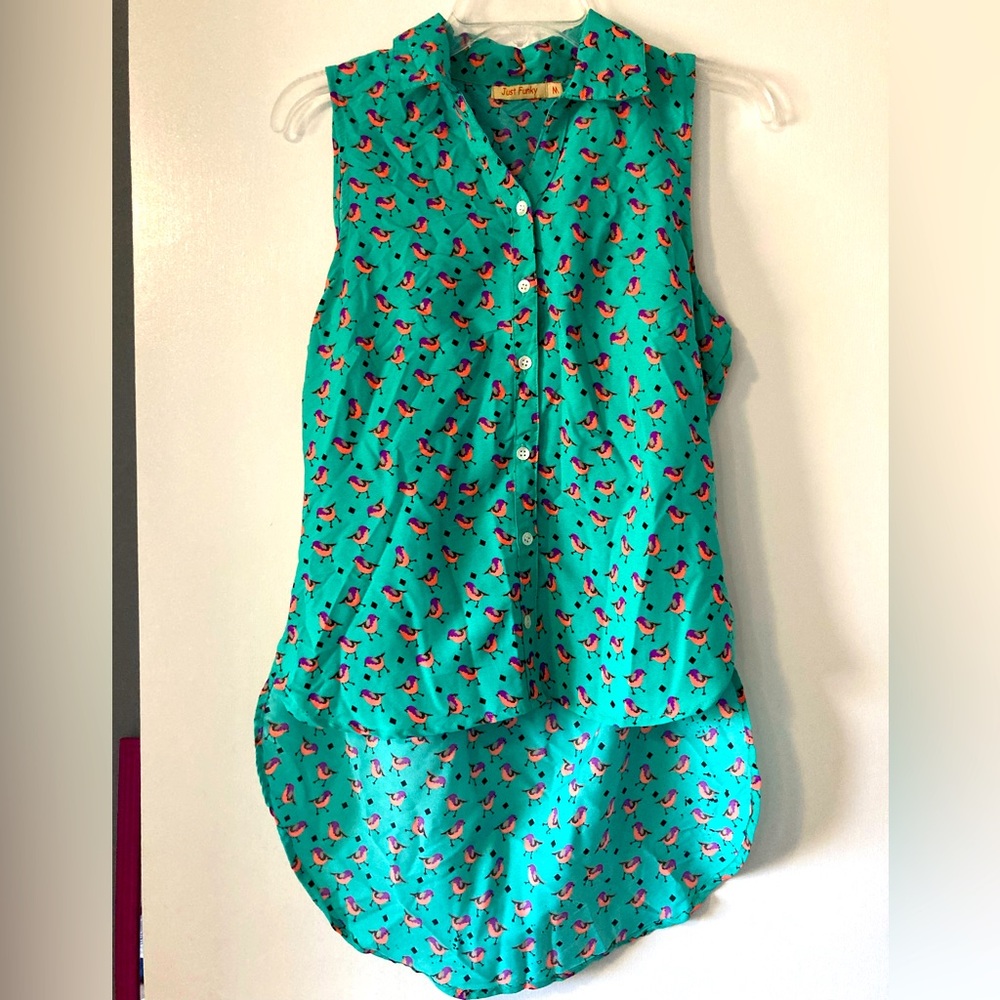 🔴Just Funky Bird Pattern Teal Tank Top Size M
